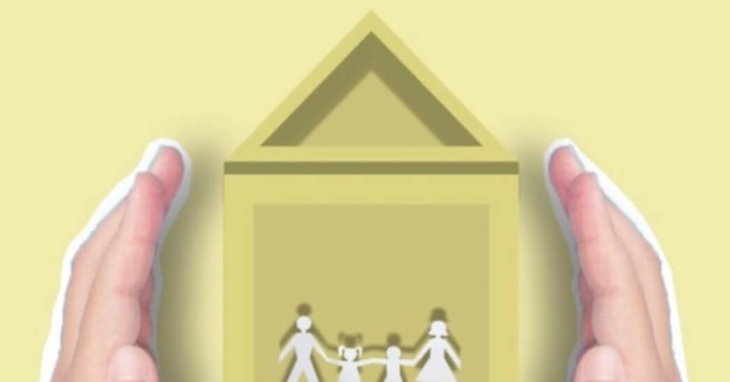 Creative image of cutout faceless person showing vector house image with family members inside